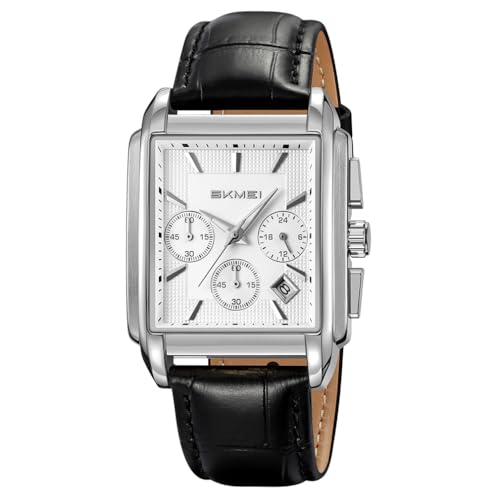 SKMEI スクエア 腕時計 メンズ 黒 革ベルト おしゃれ うで時計 クロノグラフ 防水 ブランド アナログ ビジネス カジュアル 紳士 男性用 時計 高級 プレゼントシルバー Watch for Men